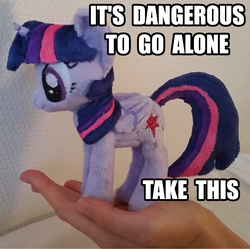 Size: 1520x1516 | Tagged: safe, artist:epicrainbowcrafts, edit, twilight sparkle, alicorn, pony, g4, caption, cute, female, fluffy, irl, it's dangerous to go alone, mare, photo, plushie, solo, take this, the legend of zelda, twilight sparkle (alicorn)