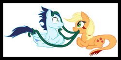 Size: 594x297 | Tagged: safe, artist:kasun05, applejack, soarin', monster pony, original species, tatzlpony, g4, female, male, prone, ship:soarinjack, shipping, straight, tatzljack, tentacle tongue