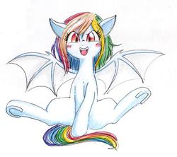 Size: 900x800 | Tagged: dead source, safe, artist:unousaya, rainbow dash, bat pony, pony, g4, bat ponified, cute, dashabetes, female, mare, open mouth, rainbowbat, simple background, solo, traditional art, underhoof, white background