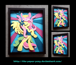 Size: 1325x1132 | Tagged: safe, artist:the-paper-pony, fluttershy, butterfly, g4, craft, eyes closed, female, flower in hair, rearing, shadowbox, solo