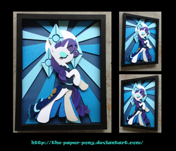 Size: 1325x1132 | Tagged: safe, artist:the-paper-pony, rarity, g4, clothes, craft, dress, eyes closed, female, rearing, shadowbox, solo