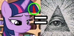 Size: 755x368 | Tagged: safe, edit, edited screencap, screencap, twilight sparkle, g4, coincidence i think not, coincidence?!... probably, conspiracy, ilerminaty, illuminati, illuminati confirmed, insane troll logic, loominarty, op is a duck, op is on drugs, poe's law