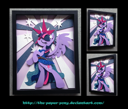 Size: 1325x1132 | Tagged: safe, artist:the-paper-pony, twilight sparkle, alicorn, pony, g4, clothes, craft, dress, eyes closed, female, mare, rearing, shadowbox, solo, twilight sparkle (alicorn)