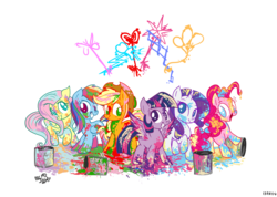 Size: 2480x1767 | Tagged: safe, artist:jowyb, applejack, fluttershy, pinkie pie, rainbow dash, rarity, twilight sparkle, alicorn, pony, g4, female, keys of harmony, mane six, mare, messy, paint, paint on fur, paint splatter, rainbow power, twilight sparkle (alicorn)