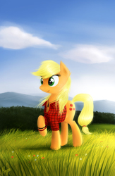 Size: 943x1450 | Tagged: safe, artist:magfen, applejack, g4, alternate hairstyle, bracelet, clothes, detailed, female, grass, hatless, missing accessory, necklace, plaid, raised hoof, realistic, shirt, smiling, solo, windswept mane