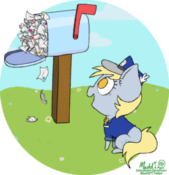 Size: 800x828 | Tagged: safe, artist:raphaelsgirl, derpy hooves, pegasus, pony, g4, clothes, female, letter, mailbox, mailmare, mare, sitting, smiling, solo, uniform