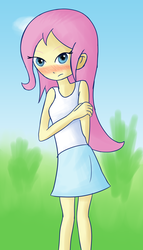 Size: 686x1200 | Tagged: safe, artist:liggliluff, fluttershy, human, g4, blushing, clothes, female, humanized, skirt, solo, tank top