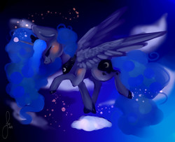 Size: 1480x1200 | Tagged: safe, artist:saoiirse, princess luna, g4, blushing, eyes closed, female, solo, spread wings, younger
