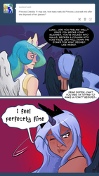 Size: 995x1769 | Tagged: safe, artist:swain, princess celestia, princess luna, human, g4, ask-humans-from-equestria, horn, horned humanization, humanized, injured, tumblr, winged humanization