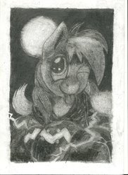 Size: 762x1048 | Tagged: safe, artist:age3rcm, rainbow dash, g4, clothes, cloud, coal, female, moon, night, shadowbolt dash, shadowbolts costume, solo, tongue out, traditional art, wink