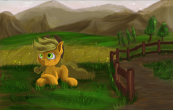 Size: 3182x2021 | Tagged: safe, artist:critzie, applejack, g4, female, high res, prone, smiling, solo