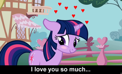 Size: 1600x973 | Tagged: safe, twilight sparkle, pony, unicorn, g4, blushing, bronybait, caption, cs captions, female, floppy ears, heart, looking away, love, mare, ponyville, shy, smiling, solo