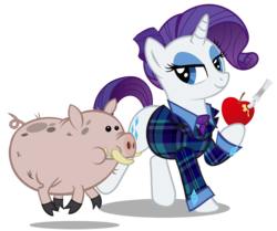 Size: 900x752 | Tagged: safe, artist:pixelkitties, rarity, pig, g4, apple, clothes, crossover, food, hannibal, hannibal lecter, necktie, plaid, plaid skirt, simple background, skirt, transparent background