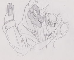 Size: 1431x1155 | Tagged: safe, artist:mytatsur, octavia melody, g4, black mask, crossover shipping, gun, ponified, sketch, traditional art