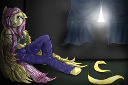 Size: 900x600 | Tagged: safe, fluttershy, anthro, g4, crying, dark, feather, female, room, solo