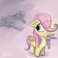 Size: 1000x1000 | Tagged: safe, artist:pikapetey, fluttershy, g4, bullying, crying, female, filly, floppy ears, my little art challenge, solo
