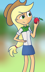 Size: 754x1200 | Tagged: safe, artist:liggliluff, applejack, caterpillar, equestria girls, g4, apple, apple worm, clothes, female, hat, humanized, skirt, solo