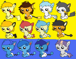 Size: 2048x1592 | Tagged: safe, artist:pokemonlpsfan, azumarill, azurill, dedenne, earth pony, emolga, hybrid, marill, minun, missingno, pachirisu, pichu, pikachu, plusle, pony, raichu, baby, baby pony, diaper, pokémon, ponified