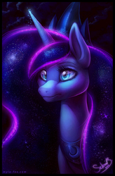 Size: 687x1049 | Tagged: dead source, safe, artist:mylafox, princess luna, g4, beautiful, eyelashes, female, frown, galaxy mane, magic, portrait, solo