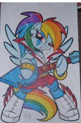 Size: 1423x2145 | Tagged: safe, artist:ponygoddess, rainbow dash, semi-anthro, g4, boots, earring, electric guitar, female, glam metal, glam rock, glam rock dash, guitar, hard rock, musical instrument, photo, rock (music), solo, traditional art