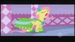 Size: 480x270 | Tagged: safe, screencap, fluttershy, rarity, g4, suited for success, animated, clothes, dress, duo, female, flower, flower in hair, hub logo, subtitles