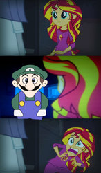 Size: 349x599 | Tagged: safe, sunset shimmer, equestria girls, g4, my little pony equestria girls: rainbow rocks, exploitable meme, luigi, male, meme, sunset screamer, super mario, weegee