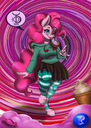 Size: 4960x7015 | Tagged: safe, artist:theonedzaan, pinkie pie, earth pony, anthro, unguligrade anthro, g4, absurd resolution, candy, clothes, crossover, female, lollipop, socks, solo, striped socks, vanellope von schweetz, wreck-it ralph