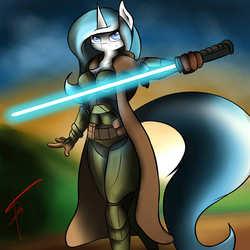 Size: 3000x3000 | Tagged: safe, artist:jamesjackobgermany, oc, oc only, oc:bubble lee, unicorn, anthro, anthro oc, cleavage, female, freckles, high res, jedi, lightsaber, solo, star wars