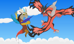 Size: 1385x821 | Tagged: safe, artist:emiemi345, discord, yveltal, g4, cloud, cloudy, crossover, fight, flying, pokémon, pokémon x and y, sky, vs