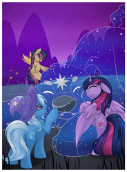 Size: 905x1230 | Tagged: safe, artist:blackfreya, trixie, twilight sparkle, oc, oc:mayday parker sparkle, alicorn, bear, pegasus, pony, unicorn, ursa, ursa minor, g4, cute, drawing, female, hug, mare, night, offspring, parent:peter parker, parent:twilight sparkle, parents:spidertwi, pegasus oc, smiling, snuggling, spiders and magic ii: eleven months, stars, twilight sparkle (alicorn)