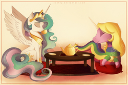 Size: 2250x1500 | Tagged: safe, artist:evehly, princess celestia, g4, adventure time, crossover, eyes closed, lady rainicorn, male, rainicorn, sitting, table, tea, teacup