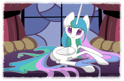 Size: 1280x836 | Tagged: safe, artist:autumndeer, princess celestia, alicorn, pony, g4, bed, butt, female, looking at you, mare, plot, solo, thin legs