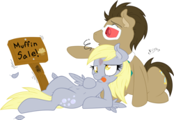 Size: 1024x706 | Tagged: safe, artist:dfectivedvice, artist:midnightblitzz, derpy hooves, doctor whooves, time turner, pegasus, pony, g4, 3d glasses, :p, cute, derp, female, funny, male, mare, muffin, ship:doctorderpy, shipping, sign, simple background, straight, transparent background, vector