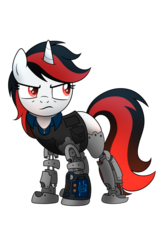 Size: 722x1107 | Tagged: safe, artist:drawponies, oc, oc only, oc:blackjack, cyborg, pony, unicorn, fallout equestria, fallout equestria: project horizons, amputee, blank flank, cybernetic legs, level 1 (project horizons), prosthetics