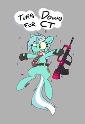 Size: 737x1069 | Tagged: source needed, useless source url, safe, artist:owl-eyes, lyra heartstrings, pony, g4, belt, bipedal, confetti, counter-strike, famas, female, gun, rifle, simple background, solo, speech bubble