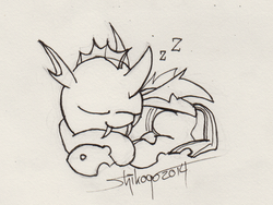 Size: 1237x931 | Tagged: safe, artist:shikogo, changeling, cute, cuteling, eyes closed, monochrome, prone, sleeping, smiling, solo, zzz