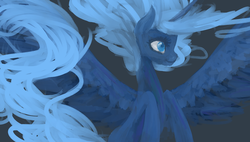 Size: 1024x581 | Tagged: safe, artist:chersema, princess luna, lunadoodle, g4, commission, female, missing accessory, queen luna, s1 luna, smiling, solo, spread wings