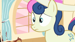 Size: 1280x720 | Tagged: safe, artist:oblivionfall, bon bon, sweetie drops, g4, animated, blood, caption, curtains, female, hat, implied lyra, llamas with hats, ponies with hats, reaction image, solo, sun hat, window