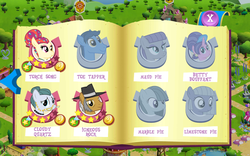 Size: 1280x800 | Tagged: safe, gameloft, cloudy quartz, cookie crumbles, igneous rock pie, limestone pie, marble pie, maud pie, toe-tapper, torch song, g4, betty bouffant, pie family, ponyville, the ponytones