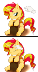 Size: 550x1031 | Tagged: safe, artist:youhoujou, sunset shimmer, pony, unicorn, g4, blushing, book, cute, eyes closed, female, frown, hand, leaning, lidded eyes, magic hands, mare, petting, pixiv, shimmerbetes, sitting, solo