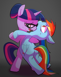 Size: 600x759 | Tagged: safe, artist:youhoujou, rainbow dash, twilight sparkle, pegasus, pony, unicorn, g4, alternate hairstyle, crying, dancing, drool, female, glasses, hair bun, hypno dash, hypnosis, lesbian, pixiv, sharp teeth, ship:twidash, shipping, sweat, unicorn twilight