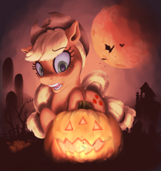 Size: 900x956 | Tagged: safe, artist:wilhelmgottfried, applejack, bat, g4, halloween, jack-o-lantern, moon, night, pumpkin