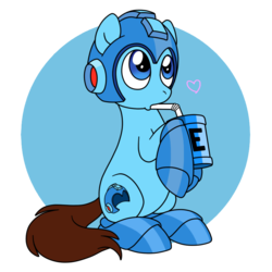 Size: 800x800 | Tagged: safe, artist:perfectpinkwater, earth pony, pony, capcom, crossover, cutie mark, drink, drinking, e-tank, heart, helmet, mega man, mega man (series), ponified, simple background, solo, super smash bros., transparent background
