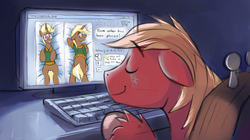 Size: 3600x2020 | Tagged: safe, artist:gsphere, big macintosh, trenderhoof, earth pony, pony, g4, body pillow, computer, eyes closed, gay, high res, male, shipping, sleeping, sleeping macintosh daily, smiling, stallion, trendermac, tumblr