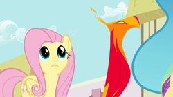 Size: 940x532 | Tagged: safe, screencap, fluttershy, philomena, princess celestia, alicorn, bird, pegasus, phoenix, pony, a bird in the hoof, g4, season 1, cute, female, frown, looking up, mare, princess celestia's hair