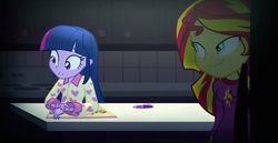 Size: 2560x1316 | Tagged: safe, screencap, sunset shimmer, twilight sparkle, equestria girls, g4, my little pony equestria girls: rainbow rocks, clothes, pajamas, pen