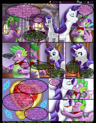 Size: 1165x1500 | Tagged: safe, artist:kitsuneyoukai, rarity, spike, dragon, pony, unicorn, comic:a spike in confidence, g4, blushing, bowtie, butt, comic, confession, courtship, dialogue, explicit source, eyes closed, female, fire ruby, interior, kiss on the lips, kissing, looking back, love, male, mare, plot, rarity's bedroom, ship:sparity, shipping, straight, surprise kiss, talking, wingless spike