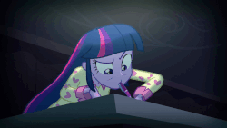 Size: 1200x675 | Tagged: safe, screencap, twilight sparkle, equestria girls, g4, my little pony equestria girls: rainbow rocks, adorkable, animated, clothes, cute, dork, female, humans doing horse things, mouth drawing, mouth hold, pajamas, pen, raised eyebrow, solo, writing