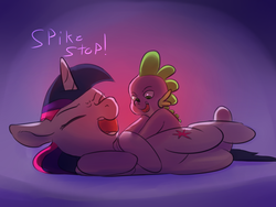 Size: 1280x960 | Tagged: safe, artist:imsokyo, spike, twilight sparkle, daily life of spike, g4, cute, eyes closed, laughing, open mouth, spikabetes, tickling, tumblr, twiabetes