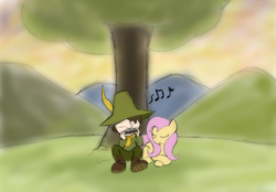 Size: 975x680 | Tagged: safe, artist:enma-darei, fluttershy, pegasus, pony, g4, crossover, duo, harmonica, moomins, music notes, musical instrument, snufkin, the moomins, tree